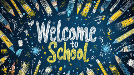 A lively and colorful "Welcome Back to School" graphic featuring bold orange and blue typography surrounded by creatively arranged school supplies, including pencils, rulers, and leaves.