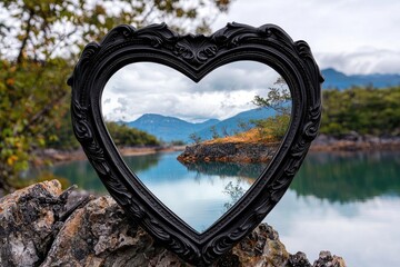 Fototapeta premium A heart-shaped frame showcasing a serene landscape with mountains reflecting in calm waters.