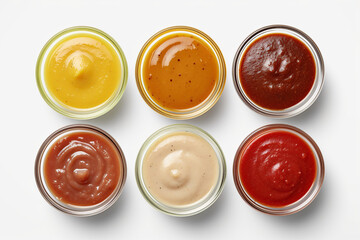 Various sauces in bowls on a white background