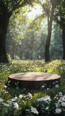 Naklejka premium A circular wooden podium surrounded by lush green grass and blooming flowers, set against the backdrop of an enchanting forest with towering trees and dappled sunlight filtering through their leaves