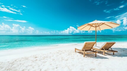 Obraz premium Tropical beach scene with two lounge chairs under an umbrella, overlooking clear turquoise water. Summer vacation vibe