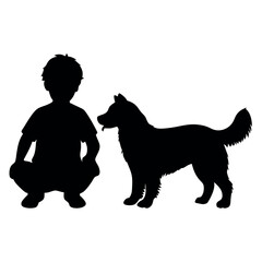 a boy with his dog are playing vector silhouette