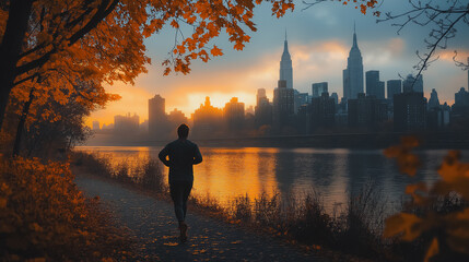Fototapeta premium Jogger running along the Hudson River Greenway at sunrise, with the serene water and cityscape creating a dynamic scene.