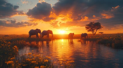 A group of elephants are standing in a river at sunset