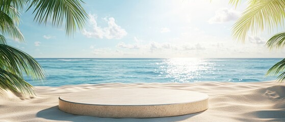 photo of round podium on the beach with sea and palm tree background, summer vibes, bright sunny light, close up shot, minimalistic, mockup 