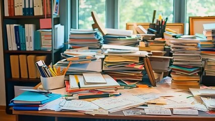 A disorganised desk with random notes, documents, and office supplies
