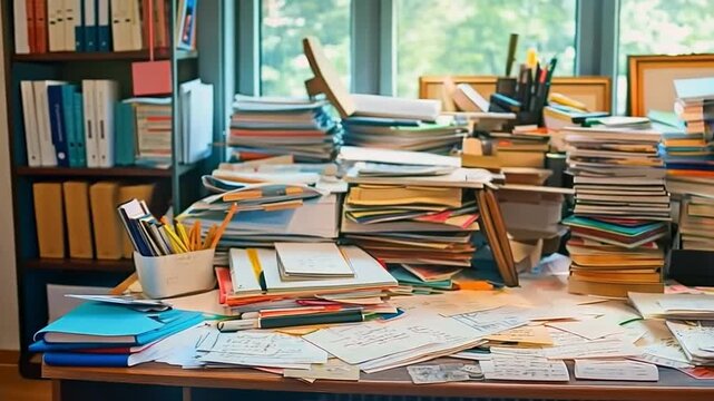 A disorganised desk with random notes, documents, and office supplies