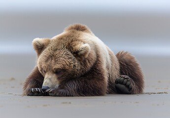 Obraz premium A grizzly bear doing yoga on the beach, stretching its leg up to touch its head, with water in the background