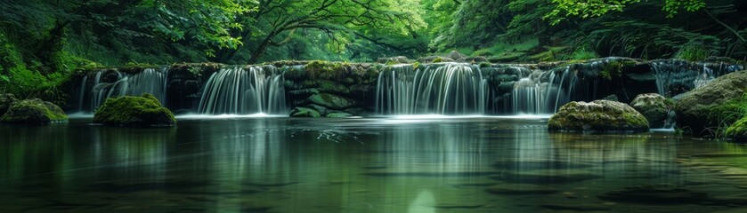 Fototapeta premium Tranquil waterfall with cool tones, long exposure capturing the flow, set against a backdrop of vibrant greenery.
