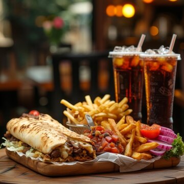 Delicious Swarma with French Fries and Soft Drinks