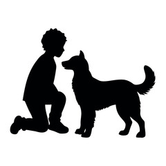a boy with his dog are playing vector silhouette