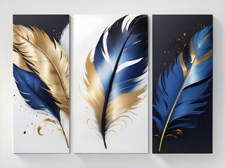  Elegant feather painting in blue black and gold color in 3 frames on white and light blue background