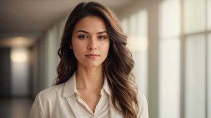 Assured female with flowing hair stands softly lit passageway 