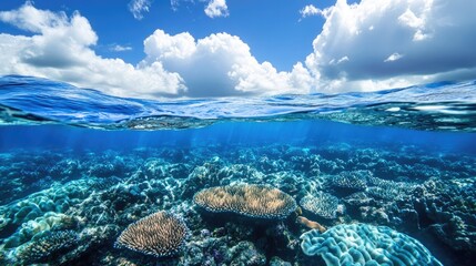 Fototapeta premium The beauty of a coral reef seen from underwater, with the rippling waves and blue sky creating a striking contrast.