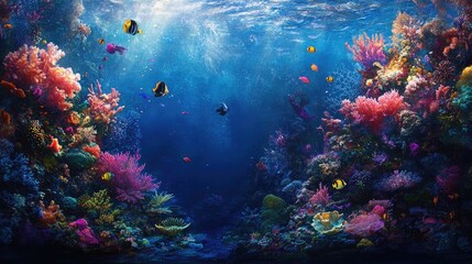 The beauty of a coral reef underwater, teeming with colorful fish and other exotic sea creatures.