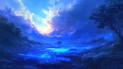 The beauty of a landscape bathed in electric blue light, with the sun adding a glowing warmth to the surreal scene.