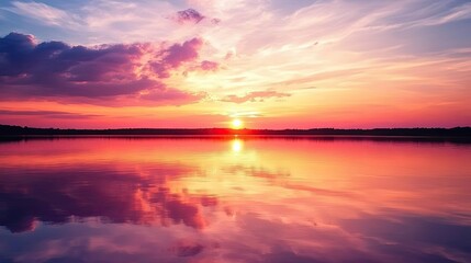 Naklejka premium The beauty of a sunset over a calm lake, with the sky transitioning from orange to pink and the water mirroring the scene.