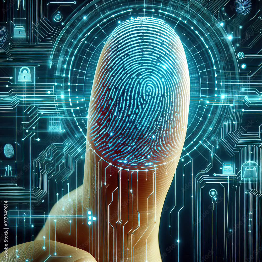 Poster man using thumb to scan finger print or for digital processing bio-metric identification to access s