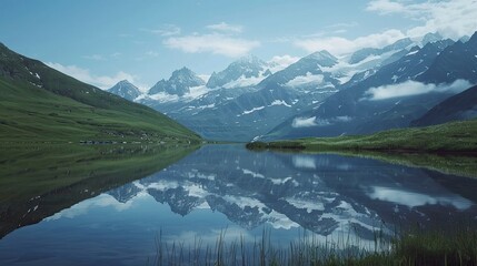 Fototapeta premium A serene alpine lake with a reflection of snow-capped peaks.