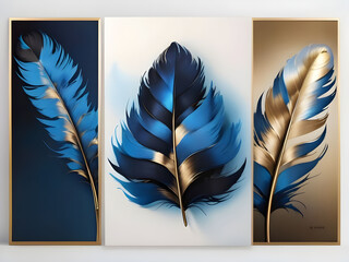  Elegant feather painting in blue black and gold color in 3 frames on white and light blue background