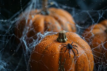 halloween pumpkin in spider on a web
