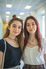 Fototapeta premium Two young Icelander women, 20 years old casual outfit with festival eyeshadow wearing skirt Burgundy hair, happy, hospital hallway blurred background