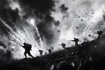 World War II soldiers running to avoid bombs, black and white image