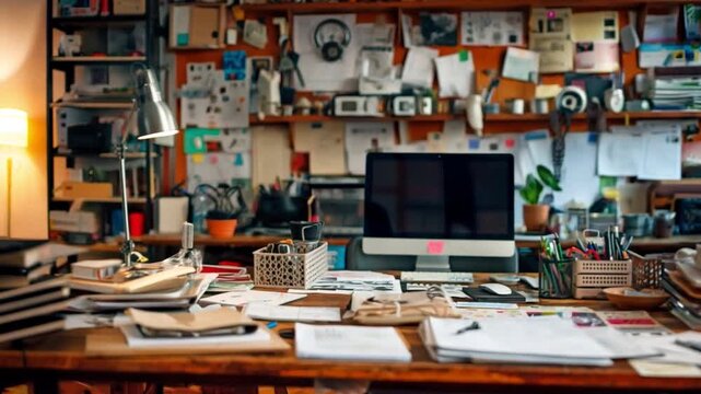 A disorganised desk with random notes, documents, and office supplies