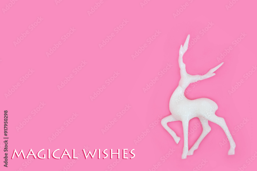 Wall mural magical wishes reindeer xmas tree glitter decoration background on pink with phrase. fantasy white m