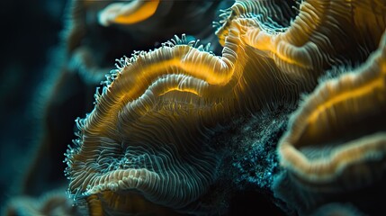 Obraz premium The complex textures of a coral reef in a macro shot, highlighting the abstract beauty of this underwater ecosystem.
