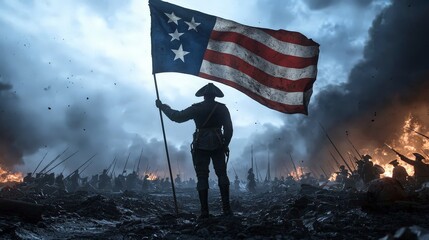 A figure stands on a battlefield triumphantly holding a flag against a dramatic sky filled with smoke and fire.