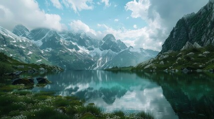 A serene alpine lake with a reflection of the mountains.