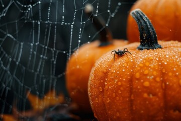 halloween pumpkin with water drops in the web