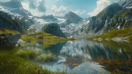 Fototapeta premium A serene alpine lake with a reflection of snow-capped peaks.