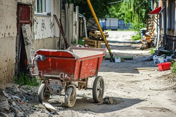 dirty metal wheelbarrow behind a red-white caution tape on a walkway construction site, old metal wheelbarrow at building site. Beautiful simple AI generated image in 4K, unique.