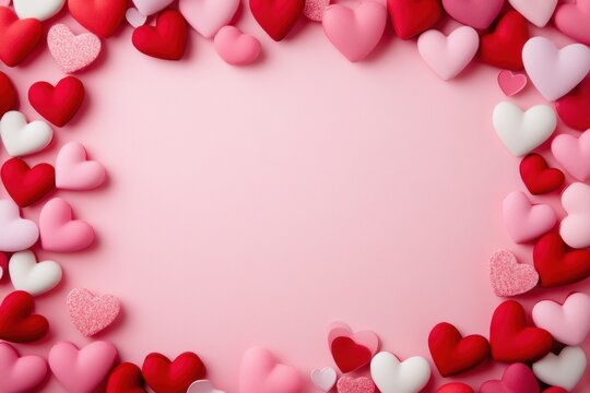 Romantic heart candies border on pink backdrop for valentine's day