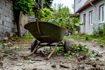 Construction industrial two-wheeled cart, wheelchair, tool stands on the street near the house of a garage at a construction site. Beautiful simple AI generated image in 4K, unique.