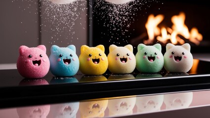 Obraz premium Colorful cat-shaped candies are lined up while snow falls gently on them