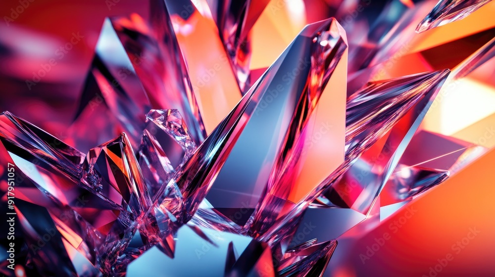 Poster 3D abstract crystal structures with sharp edges and light reflections. -