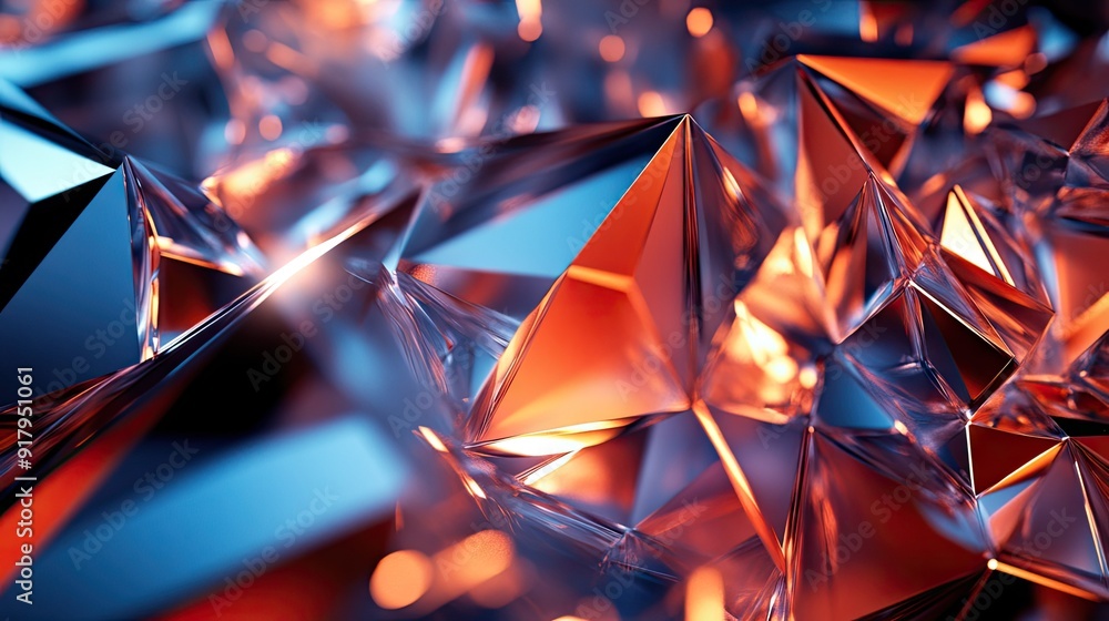 Poster 3D abstract crystal structures with sharp edges and light reflections. -