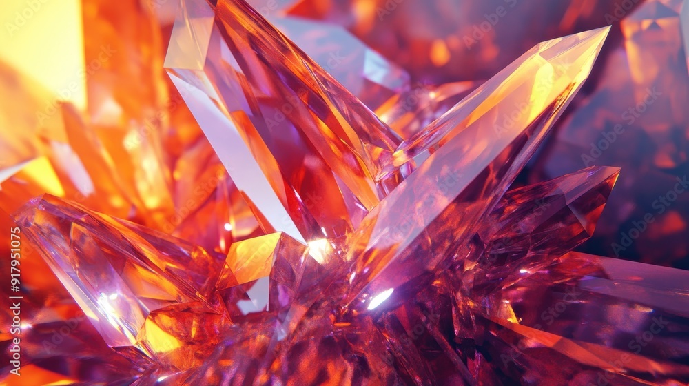 Poster 3D abstract crystal structures with sharp edges and light reflections. -