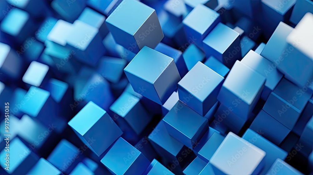 Poster 3d abstract cubes in various sizes and shades of blue, floating in space.