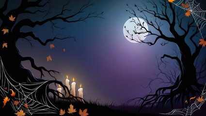 Fototapeta premium Halloween Spooky Nighttime Scene Horizontal Background. Haunted House Background. Pumpkins Background. Halloween party border. Halloween background