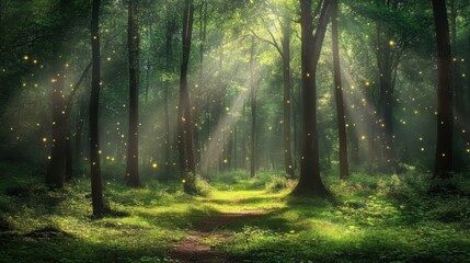 Fototapeta premium Enchanted pathway with magical sunlight fireflies