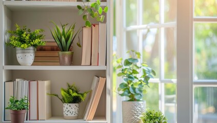 Fototapeta premium White Bookshelf with Green Plants Near Window
