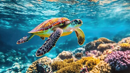 Fototapeta premium The majestic sea turtle swimming above a coral reef in the Maldives, with a close-up focus on the turtle and reef.