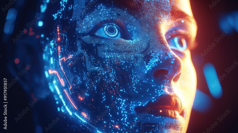 Poster 3d illustration of a human face intertwined with ai circuitry. representation of digital transformat