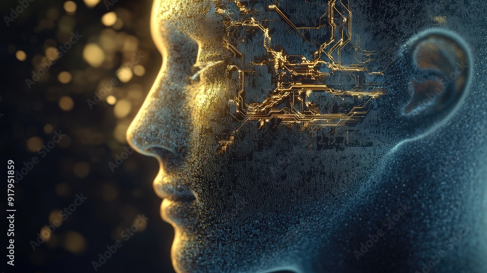 Poster 3d illustration of a human face intertwined with ai circuitry. representation of digital transformat