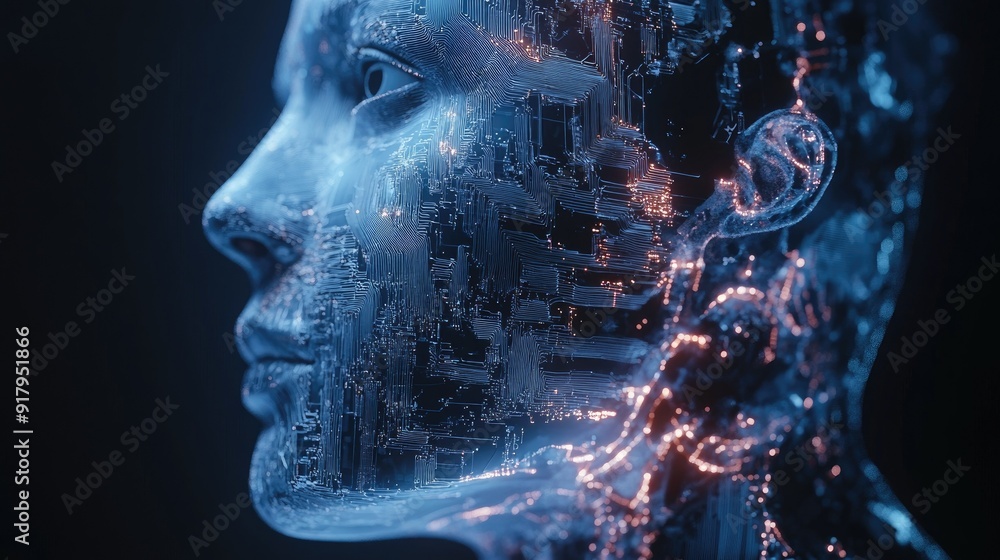 Aufkleber 3d illustration of a human face intertwined with ai circuitry. representation of digital transformat