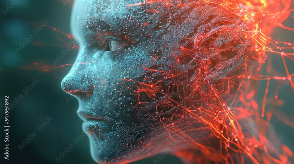 Aufkleber 3d illustration of a human face intertwined with ai circuitry. representation of digital transformat